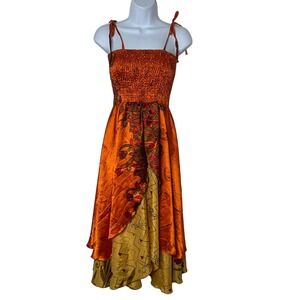 Jessica Taylor 100% Silk Smocked Midi Dress One Size Orange Paisley Boho Artsy